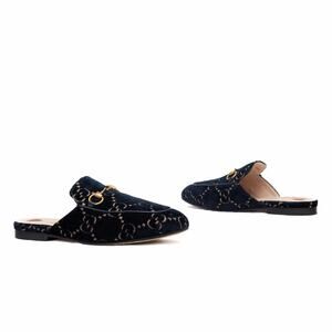 Gucci Princetown GG Monogram Blue Velvet Horsebit Mule Slides Navy 37 US7
